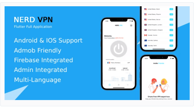 Nerd VPN - Flutter VPN Full Application with IAP, Integrated with Backend and Admin Panel